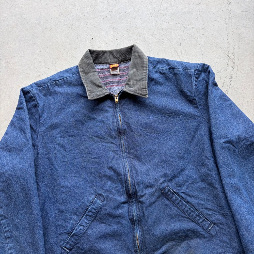 Vintage 70s Big Ben Denim Work Jacket Blanket Lined Corduroy Collar Blue 48 Reg